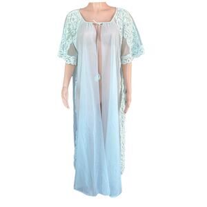 Vintage 60s Sheer Blue Peignoir Robe Tulle and Lace Shadowline Size Large